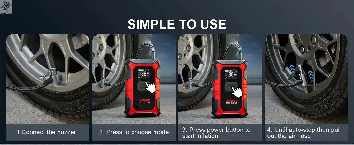 GOOLOO A3 Jump Starter with Air Compressor, 3000A Portable Car Battery Booster (9.0 Gas/6.5L Diesel) with 150PSI Auto-Shutoff Ti Ai-TechWorld 