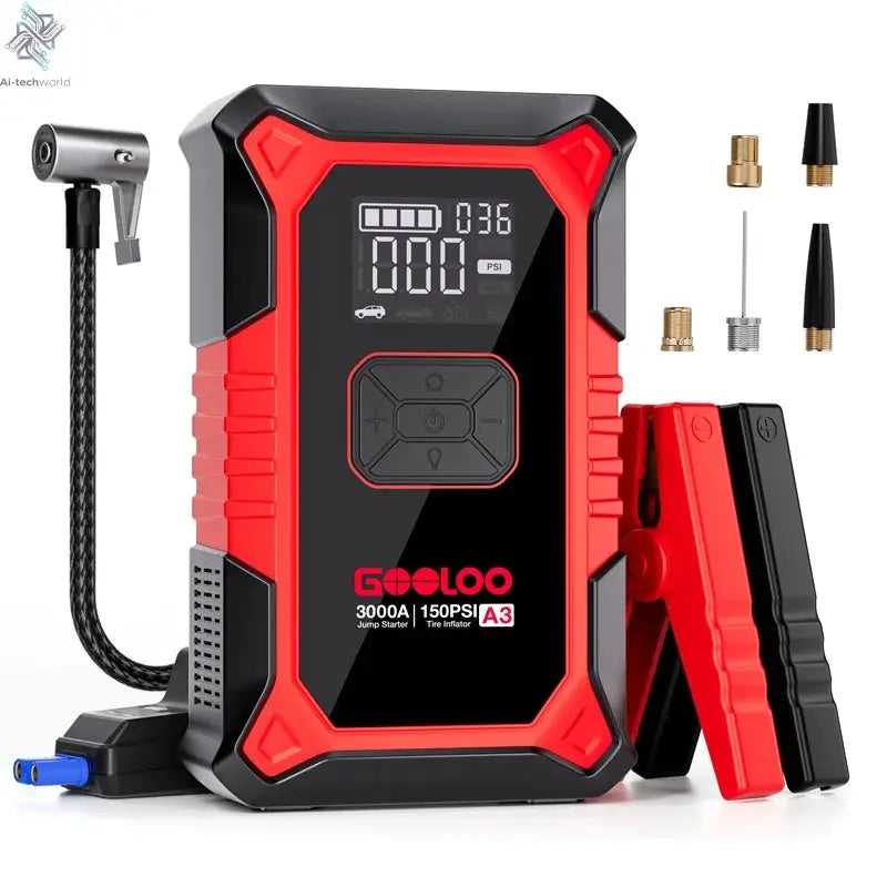 GOOLOO A3 Jump Starter with Air Compressor, 3000A Portable Car Battery Booster (9.0 Gas/6.5L Diesel) with 150PSI Auto-Shutoff Ti Ai-TechWorld 