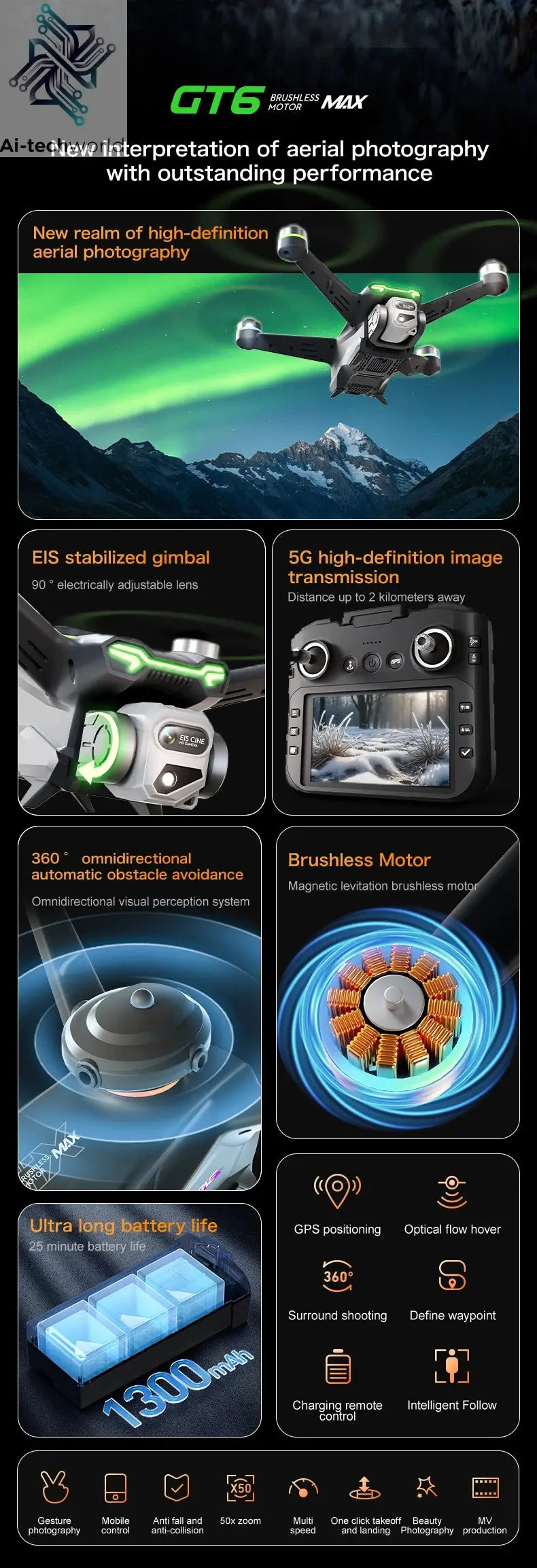 GT6 Professional Drone Long Range Flight Battery Quadcopter 4K HD Wifi Dron Aerial Photography Obstacle Avoidance Aircraft Ai-TechWorld 