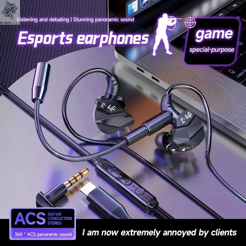 Gaming Earbud Gamer Headphone With Dual Microphones Typec&3.5mm In-ear Earphones HiFi Stereo Headsets Sport with Mic for Samsung Ai-TechWorld 