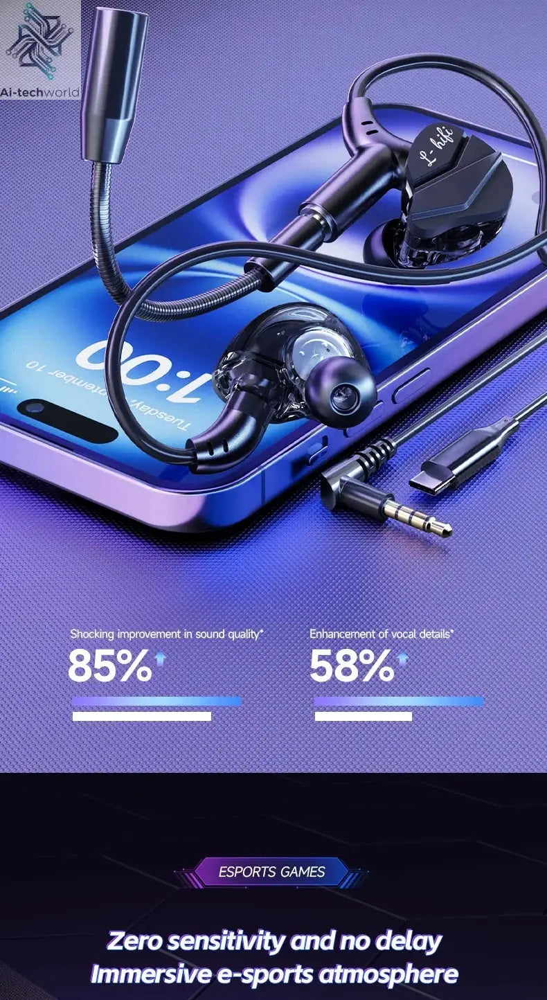 Gaming Earbud Gamer Headphone With Dual Microphones Typec&3.5mm In-ear Earphones HiFi Stereo Headsets Sport with Mic for Samsung Ai-TechWorld 