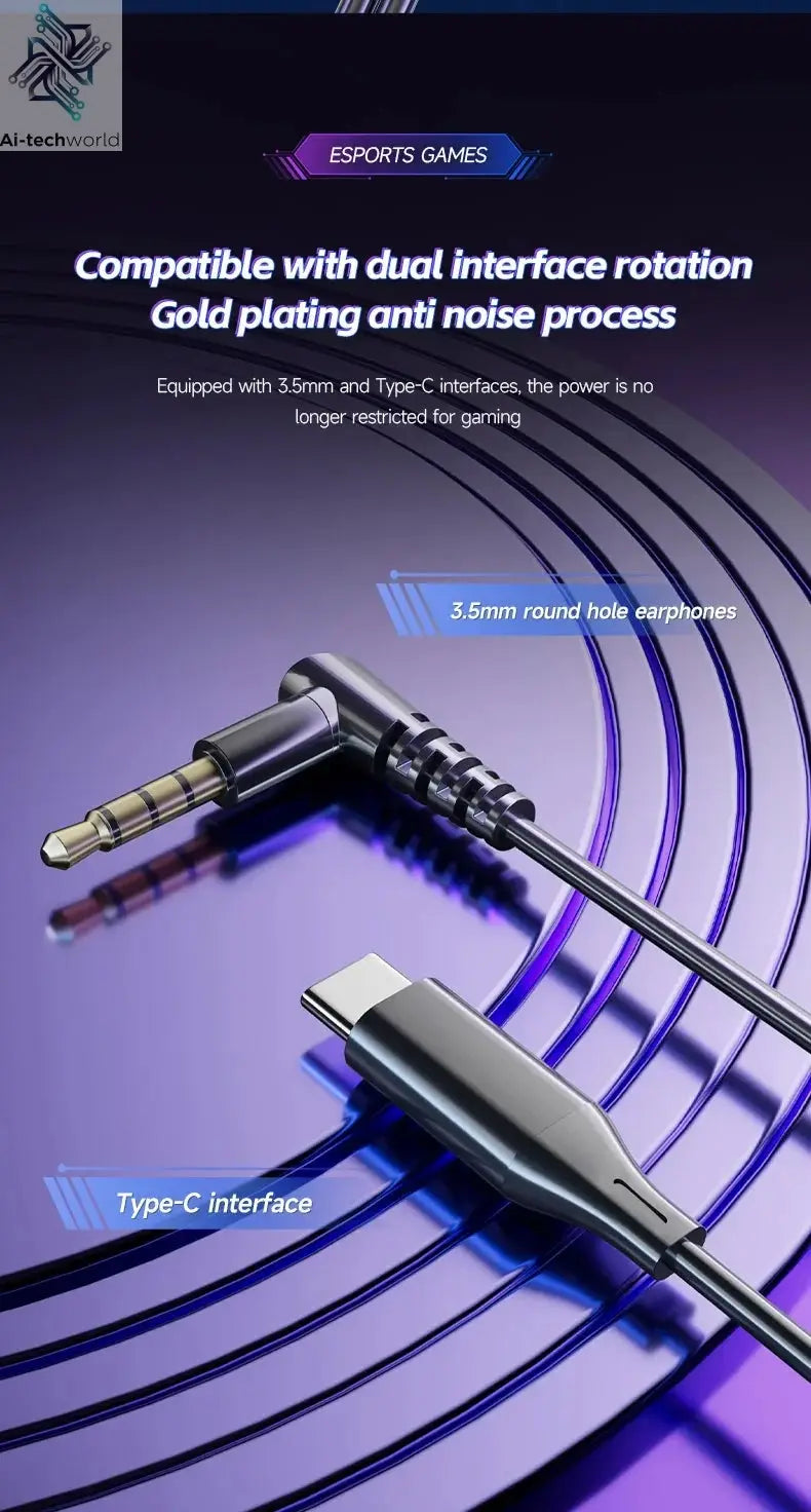 Gaming Earbud Gamer Headphone With Dual Microphones Typec&3.5mm In-ear Earphones HiFi Stereo Headsets Sport with Mic for Samsung Ai-TechWorld 