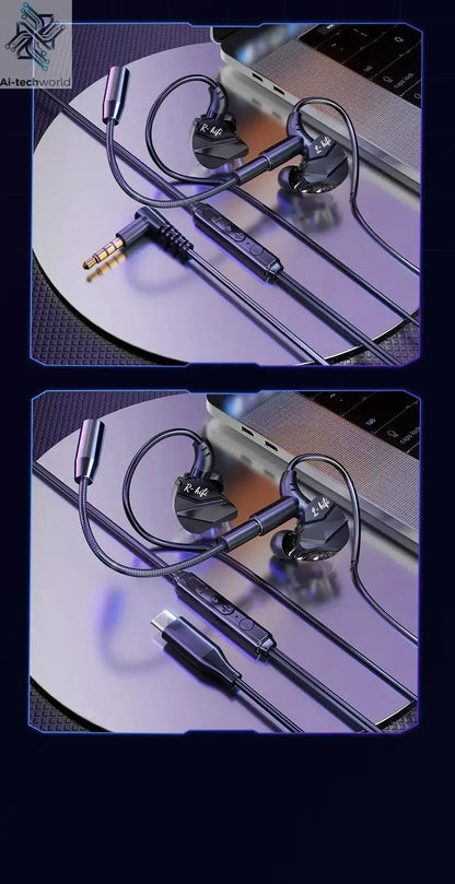 Gaming Earbud Gamer Headphone With Dual Microphones Typec&3.5mm In-ear Earphones HiFi Stereo Headsets Sport with Mic for Samsung Ai-TechWorld 