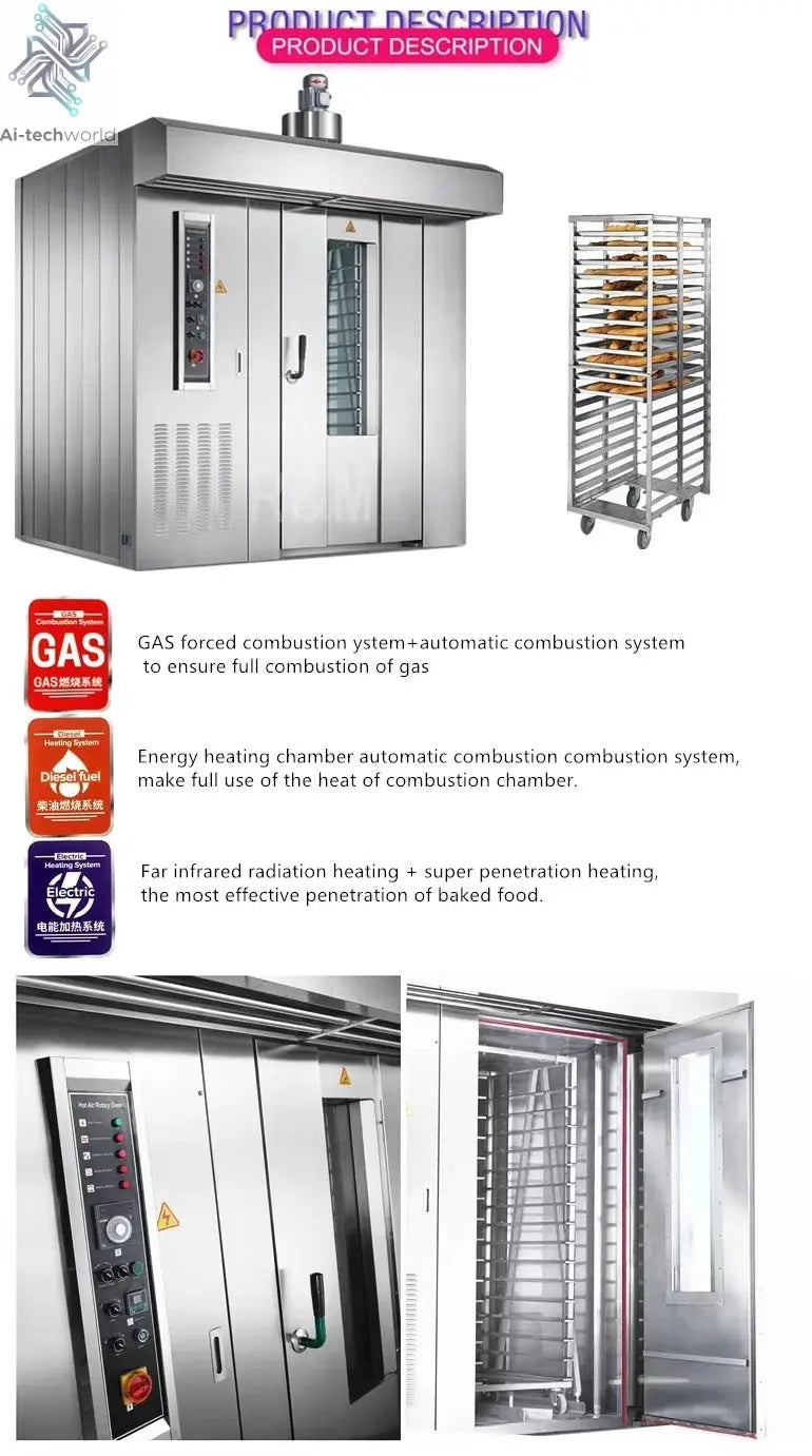 Gas Diesel Electric Industrial Rotary Oven for Bakery Sale Bread Baking,Italy Commercial 8 16 32 64 Trays Rack Rotary Oven Ai-TechWorld 
