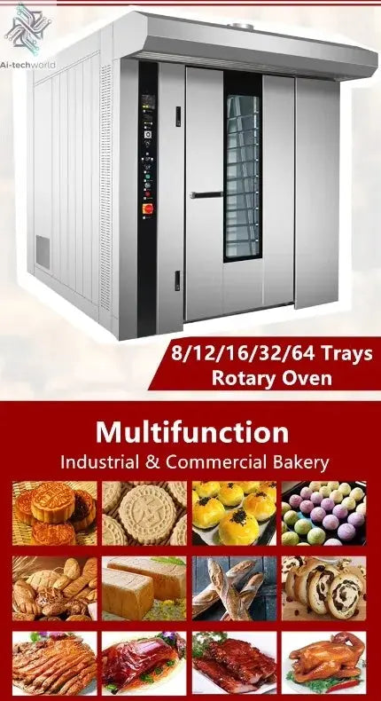 Gas Diesel Electric Industrial Rotary Oven for Bakery Sale Bread Baking,Italy Commercial 8 16 32 64 Trays Rack Rotary Oven Ai-TechWorld 