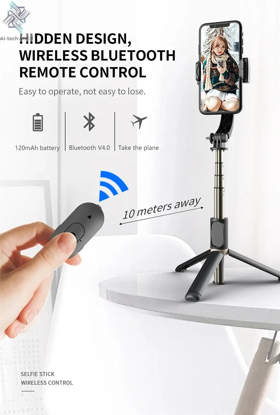 Roreta 2023 NEW Gimbal Stabilizer Selfie Stick Foldable Wireless Tripod with Bluetooth Shutter Monopod for IOS Android - Ai - TechWorld