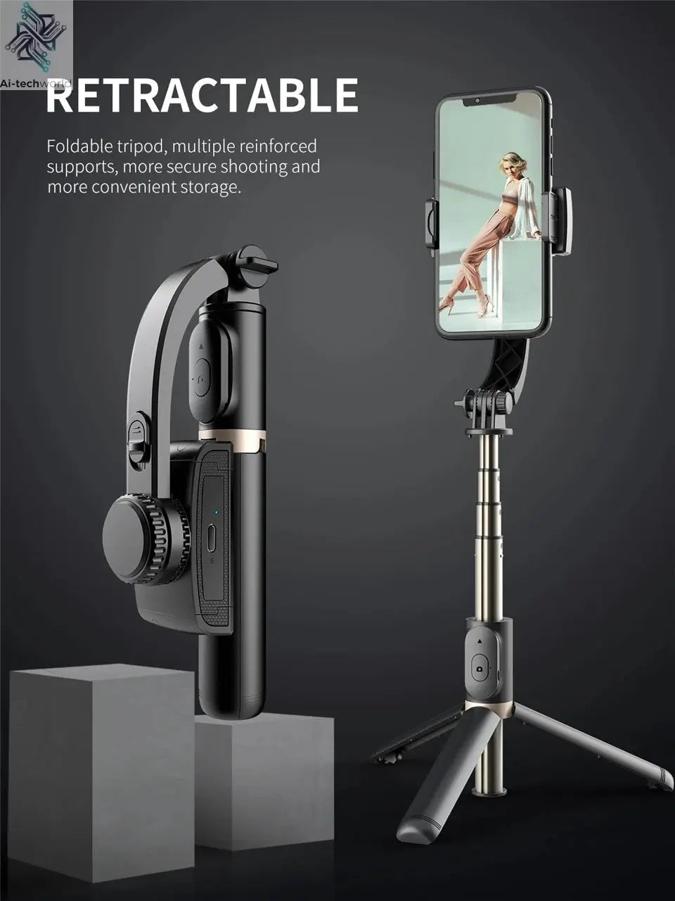 Roreta 2023 NEW Gimbal Stabilizer Selfie Stick Foldable Wireless Tripod with Bluetooth Shutter Monopod for IOS Android - Ai - TechWorld