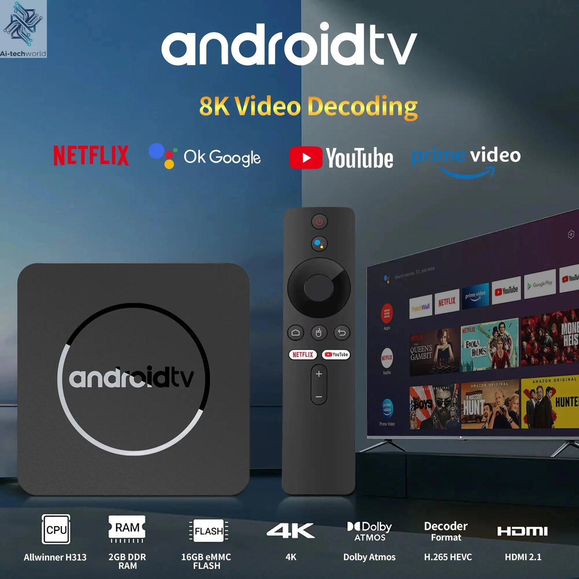 Global Version Mortal Smart Streaming Media TV Box Android13 AllwinnerH313  Bluetooth Google Assistant 2.4G&5G Wifi 4KHD Q1 Ai-TechWorld 
