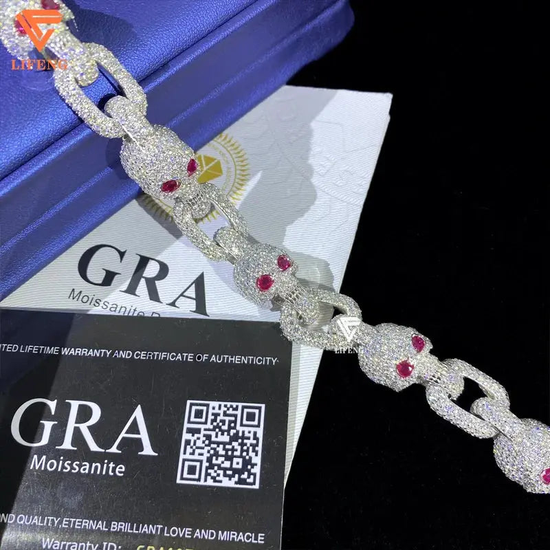 Pass Diamond Tester Full Iced Out  S925 Sterling  Silver 13MM Red Eyes Moissanite Skull Bracelet for Men Cuban Bracelet Ai-TechWorld 