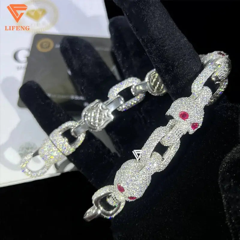 Pass Diamond Tester Full Iced Out  S925 Sterling  Silver 13MM Red Eyes Moissanite Skull Bracelet for Men Cuban Bracelet Ai-TechWorld 