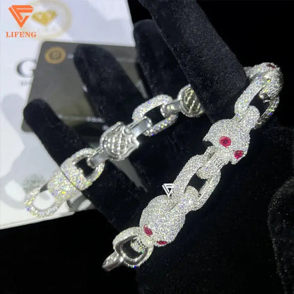 Pass Diamond Tester Full Iced Out  S925 Sterling  Silver 13MM Red Eyes Moissanite Skull Bracelet for Men Cuban Bracelet Ai-TechWorld 