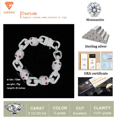 Pass Diamond Tester Full Iced Out  S925 Sterling  Silver 13MM Red Eyes Moissanite Skull Bracelet for Men Cuban Bracelet Ai-TechWorld 