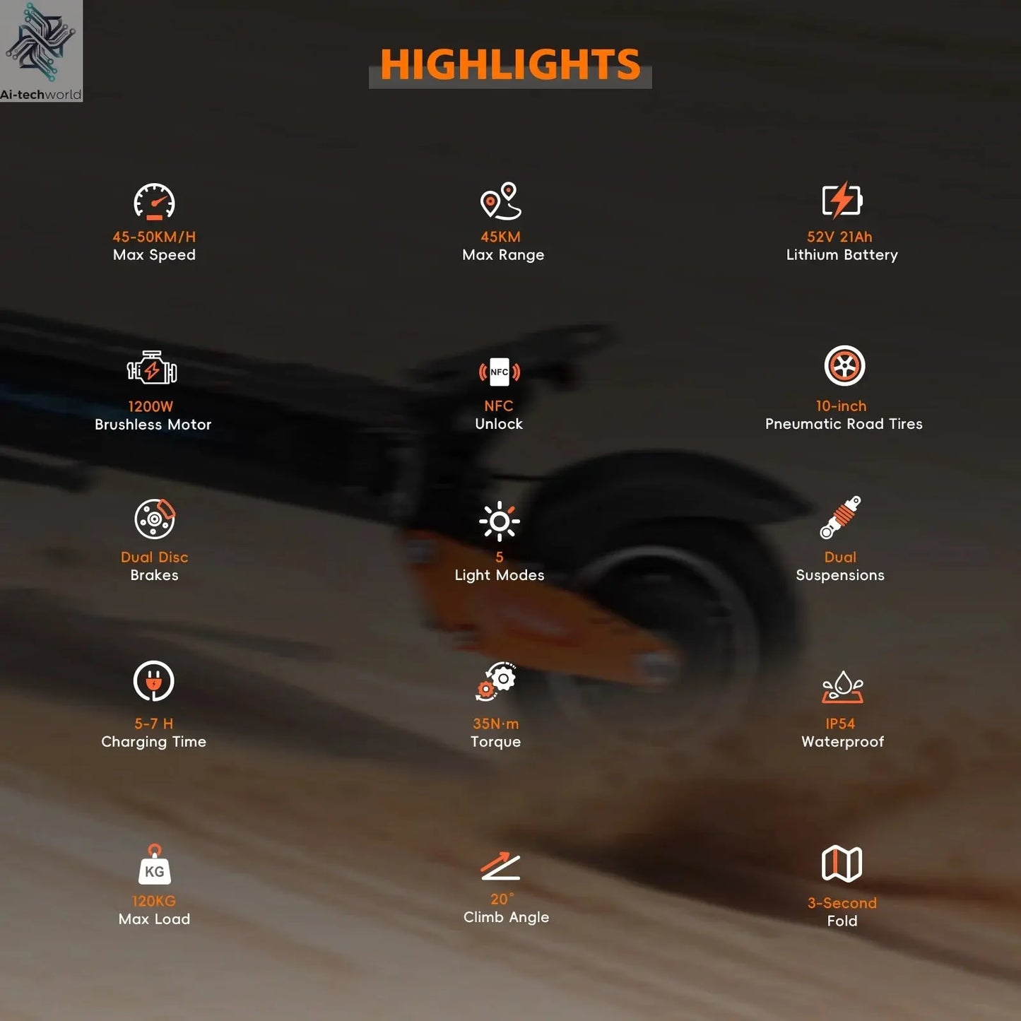 HALO KNIGHT T102 Electric Scooter Foldable 1200W 50KM/H Electric Scooters Cheap 52V 21AH E Scooter 10Inch Escooter for Adults Ai-TechWorld 