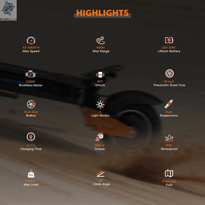HALO KNIGHT T102 Electric Scooter Foldable 1200W 50KM/H Electric Scooters Cheap 52V 21AH E Scooter 10Inch Escooter for Adults Ai-TechWorld 