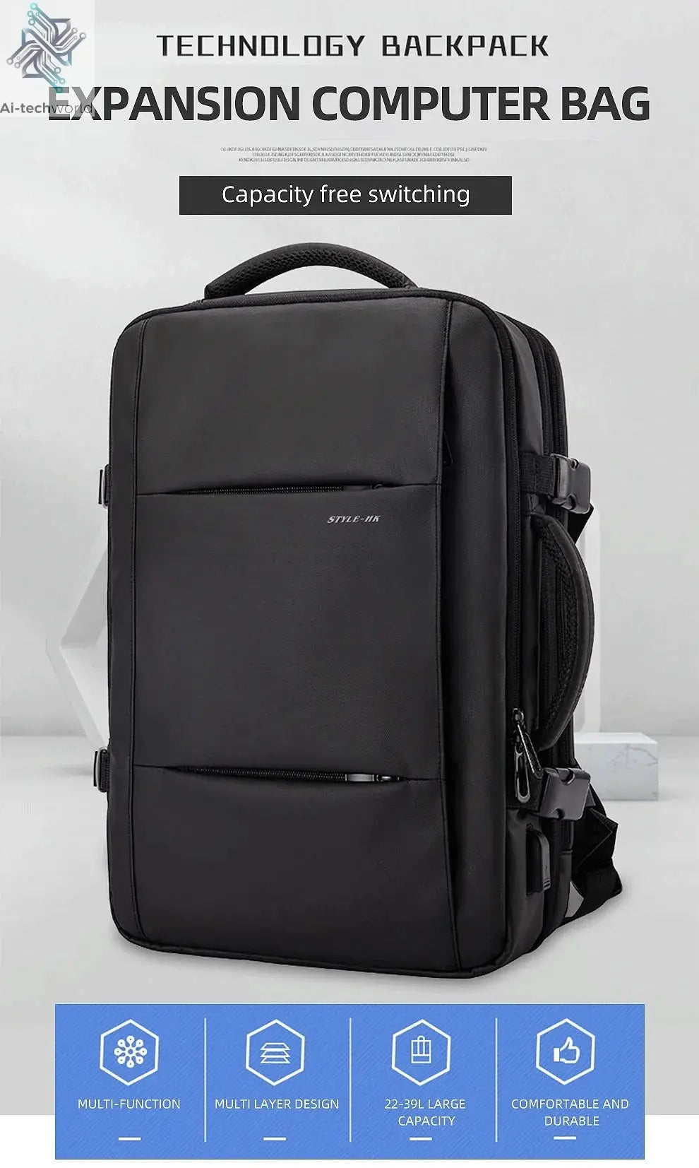 HK Business Backpack for Men Waterproof Anti-Theft 15.6” Laptop Backpack Casual Large Capacity Expandable Travel Bag Short Trip Ai-TechWorld