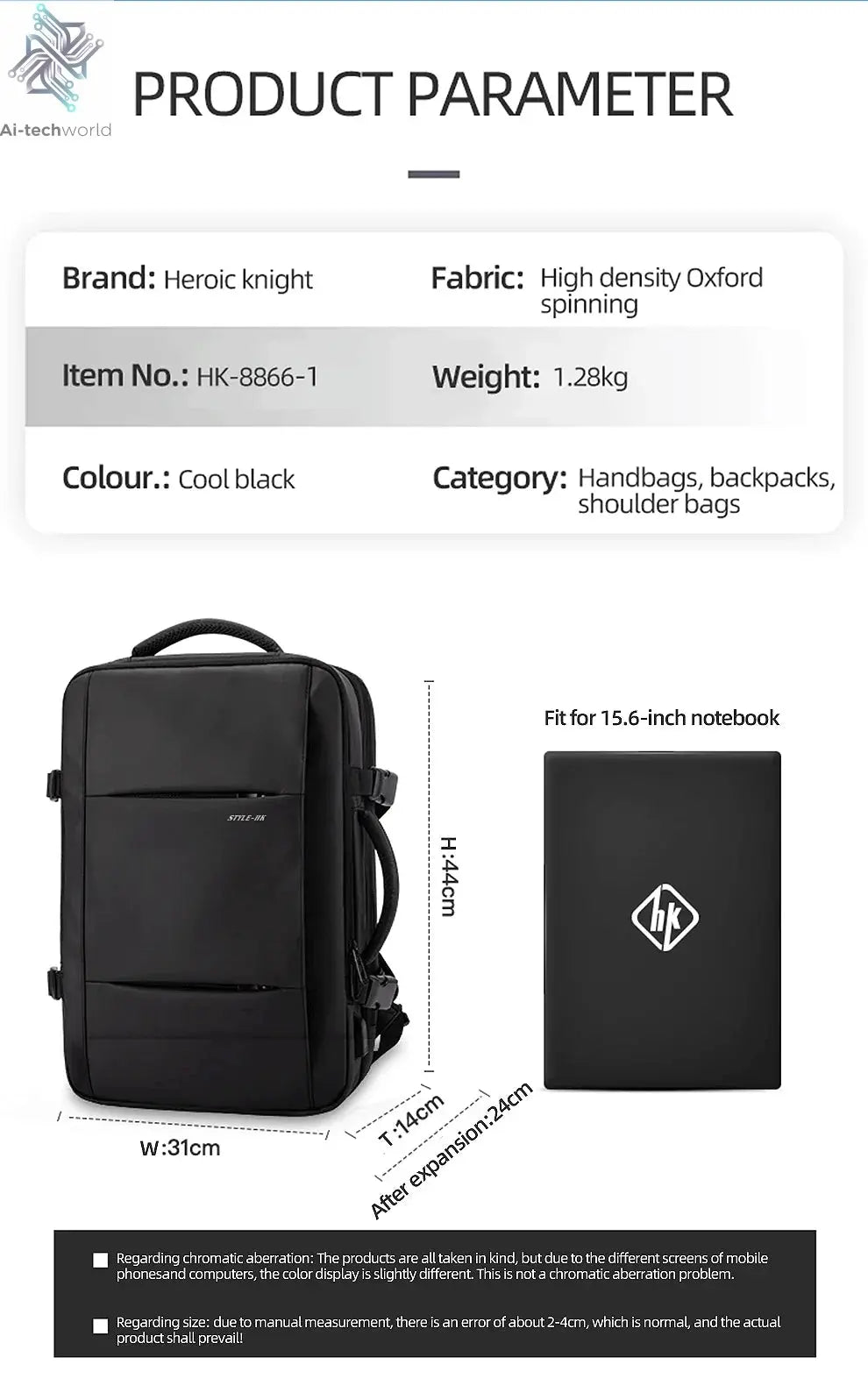 HK Business Backpack for Men Waterproof Anti-Theft 15.6” Laptop Backpack Casual Large Capacity Expandable Travel Bag Short Trip Ai-TechWorld