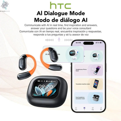 HTC NE27 Wireless Headphones AI Translator Earbuds OWS Sports Bluetooth Earphones Glowing Earhook Customizable Wallpaper Screen Ai-TechWorld 