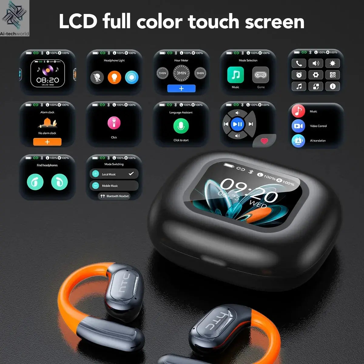 HTC NE27 Wireless Headphones AI Translator Earbuds OWS Sports Bluetooth Earphones Glowing Earhook Customizable Wallpaper Screen Ai-TechWorld 