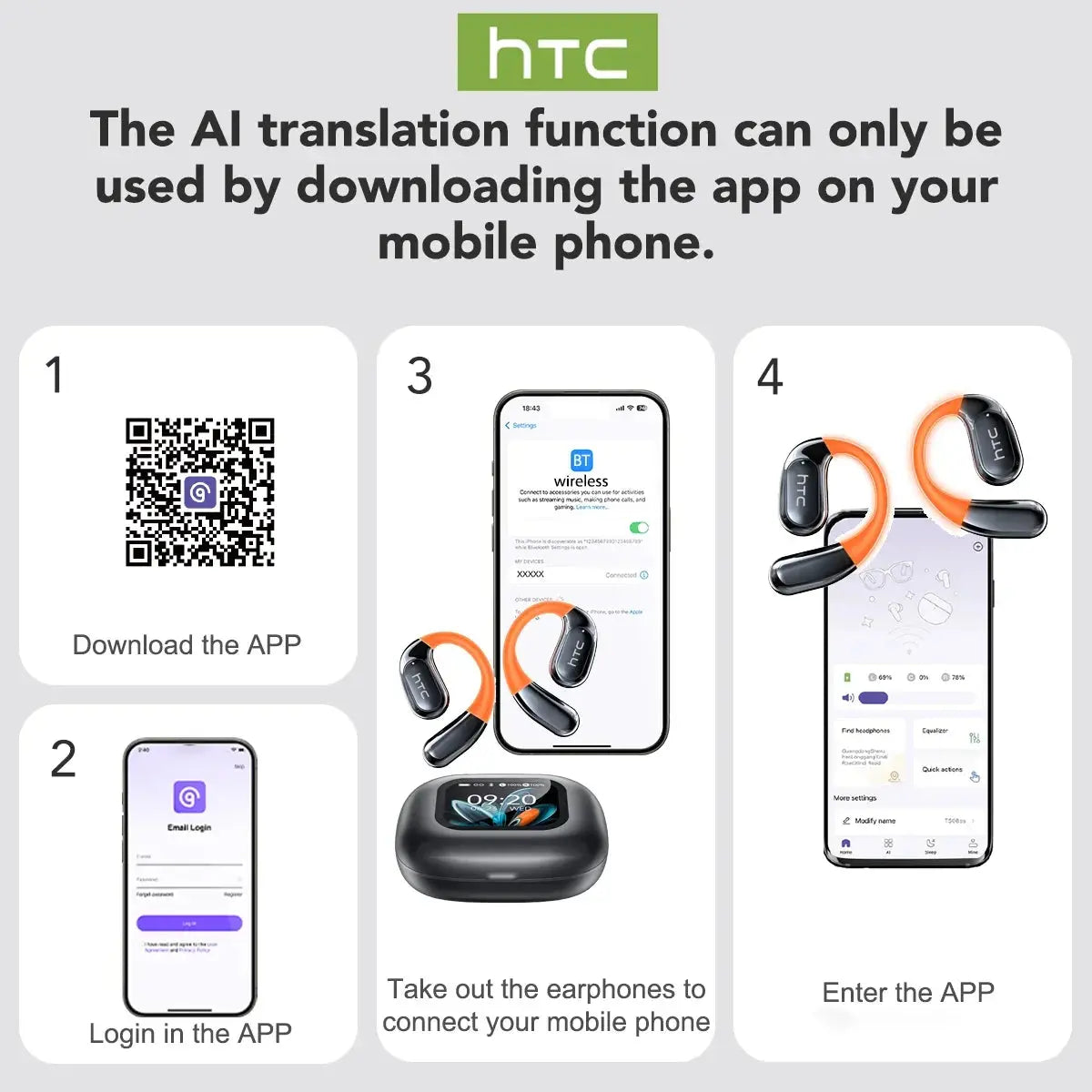 HTC NE27 Wireless Headphones AI Translator Earbuds OWS Sports Bluetooth Earphones Glowing Earhook Customizable Wallpaper Screen Ai-TechWorld 