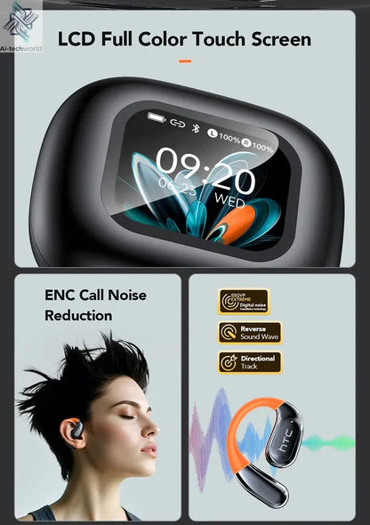 HTC NE27 Wireless Headphones AI Translator Earbuds OWS Sports Bluetooth Earphones Glowing Earhook Customizable Wallpaper Screen Ai-TechWorld 