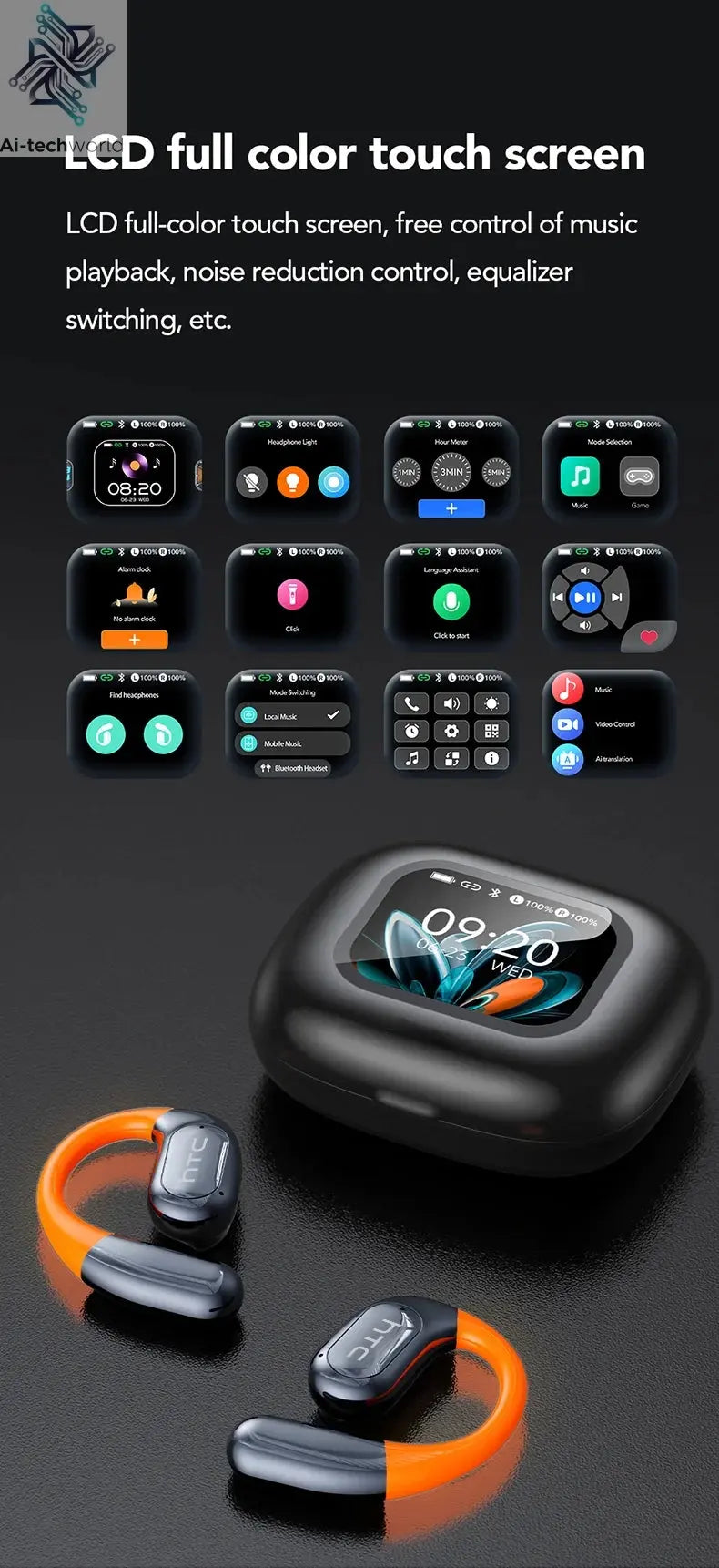 HTC NE27 Wireless Headphones AI Translator Earbuds OWS Sports Bluetooth Earphones Glowing Earhook Customizable Wallpaper Screen Ai-TechWorld 