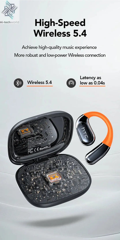 HTC NE27 Wireless Headphones AI Translator Earbuds OWS Sports Bluetooth Earphones Glowing Earhook Customizable Wallpaper Screen Ai-TechWorld 