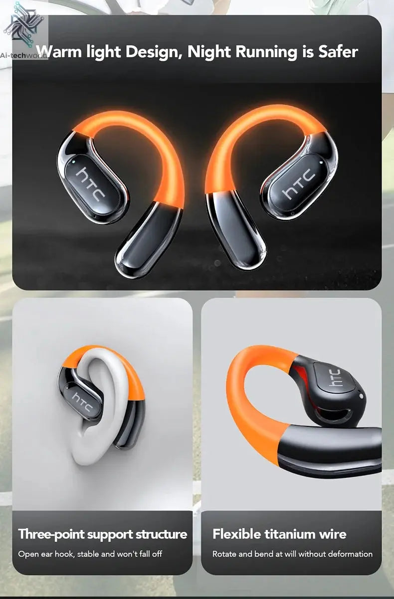 HTC NE27 Wireless Headphones AI Translator Earbuds OWS Sports Bluetooth Earphones Glowing Earhook Customizable Wallpaper Screen Ai-TechWorld 