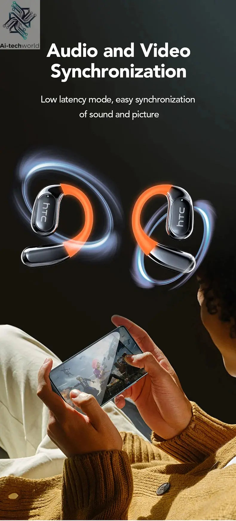HTC NE27 Wireless Headphones AI Translator Earbuds OWS Sports Bluetooth Earphones Glowing Earhook Customizable Wallpaper Screen Ai-TechWorld 