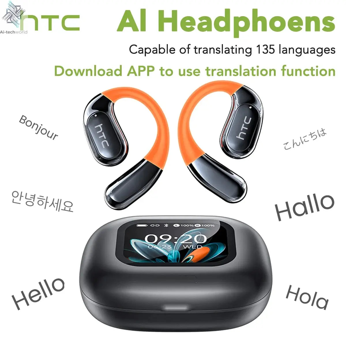 HTC NE27 Wireless Headphones AI Translator Earbuds OWS Sports Bluetooth Earphones Glowing Earhook Customizable Wallpaper Screen Ai-TechWorld 