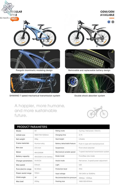 HX Q5 E bike 2000W Adults Electric Bike 2000W 48V 20AH 27.5 Inch  Electric Bicycle City E Bikes Mountain e bikes Ai-TechWorld 