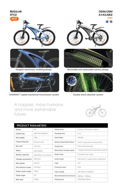 HX Q5 e bike 2000W adult Electric Bike 57KM/H 48V 20AH 27.5 Inch Off-Road Tire electric bicycle City E bikes mountain ebike Ai-TechWorld 