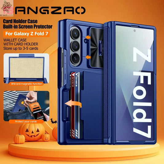 Halloween Gifts for Galaxy Z Fold 7 RFID Wallet with Cards Holder,Hinge Cover,Camera Cover,Shockproof Silicone Phone Case-Blue Ai-TechWorld 