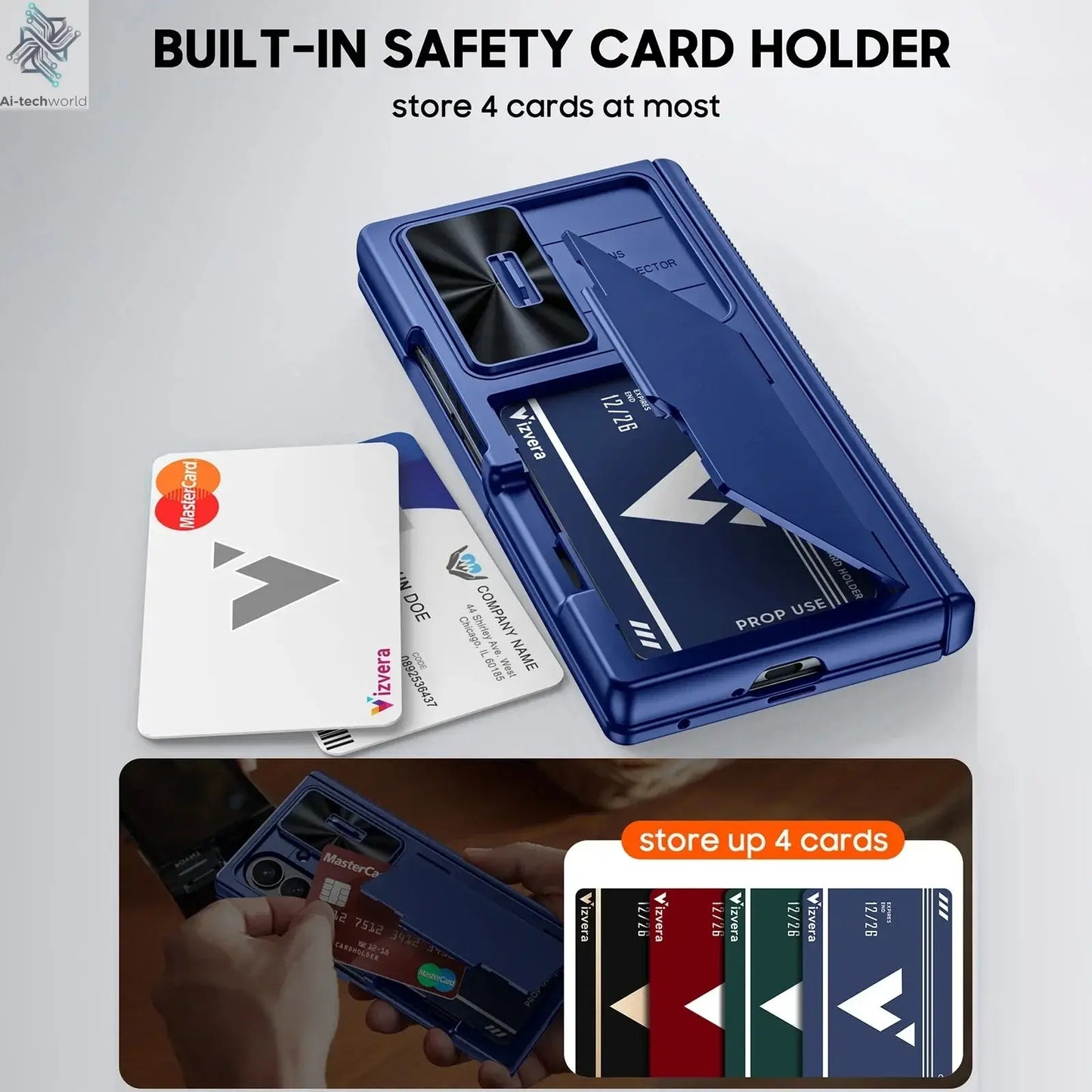 Halloween Gifts for Galaxy Z Fold 7 RFID Wallet with Cards Holder,Hinge Cover,Camera Cover,Shockproof Silicone Phone Case-Blue Ai-TechWorld 