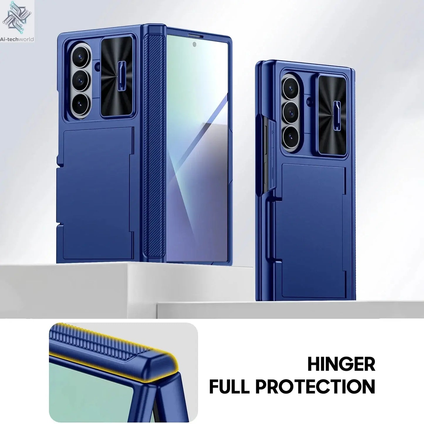 Halloween Gifts for Galaxy Z Fold 7 RFID Wallet with Cards Holder,Hinge Cover,Camera Cover,Shockproof Silicone Phone Case-Blue Ai-TechWorld 