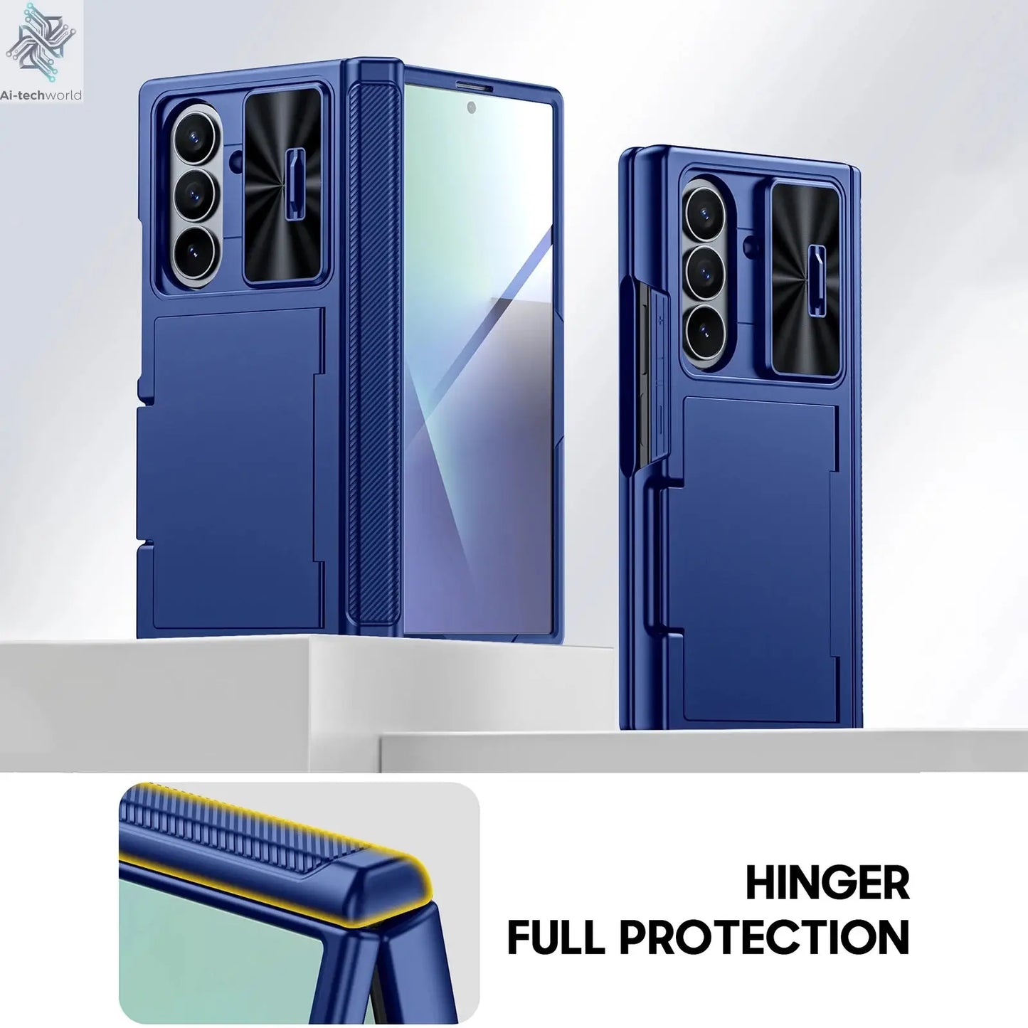 Halloween Gifts for Galaxy Z Fold 7 RFID Wallet with Cards Holder,Hinge Cover,Camera Cover,Shockproof Silicone Phone Case-Blue Ai-TechWorld 