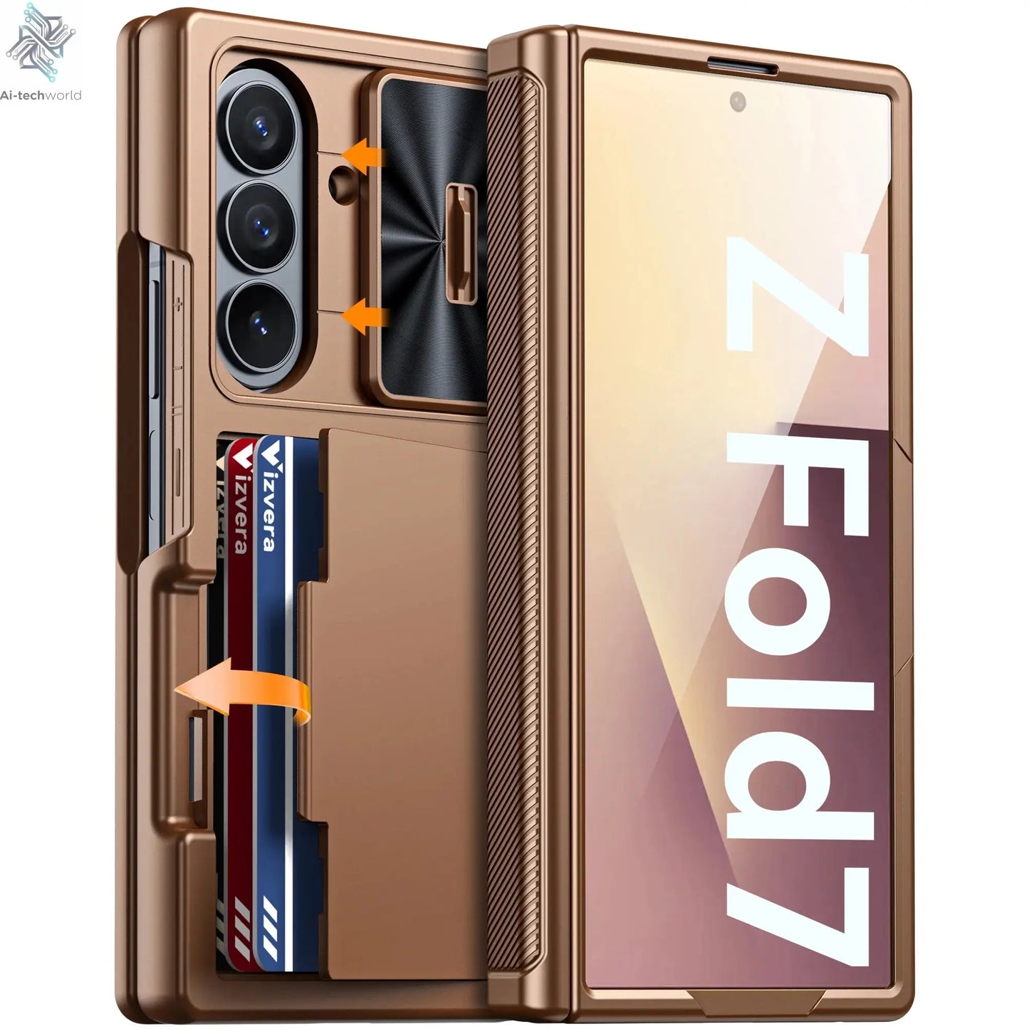 Halloween Gifts for Galaxy Z Fold 7 RFID Wallet with Cards Holder,Hinge Cover,Camera Cover,Shockproof Silicone Phone Case-Blue Ai-TechWorld 