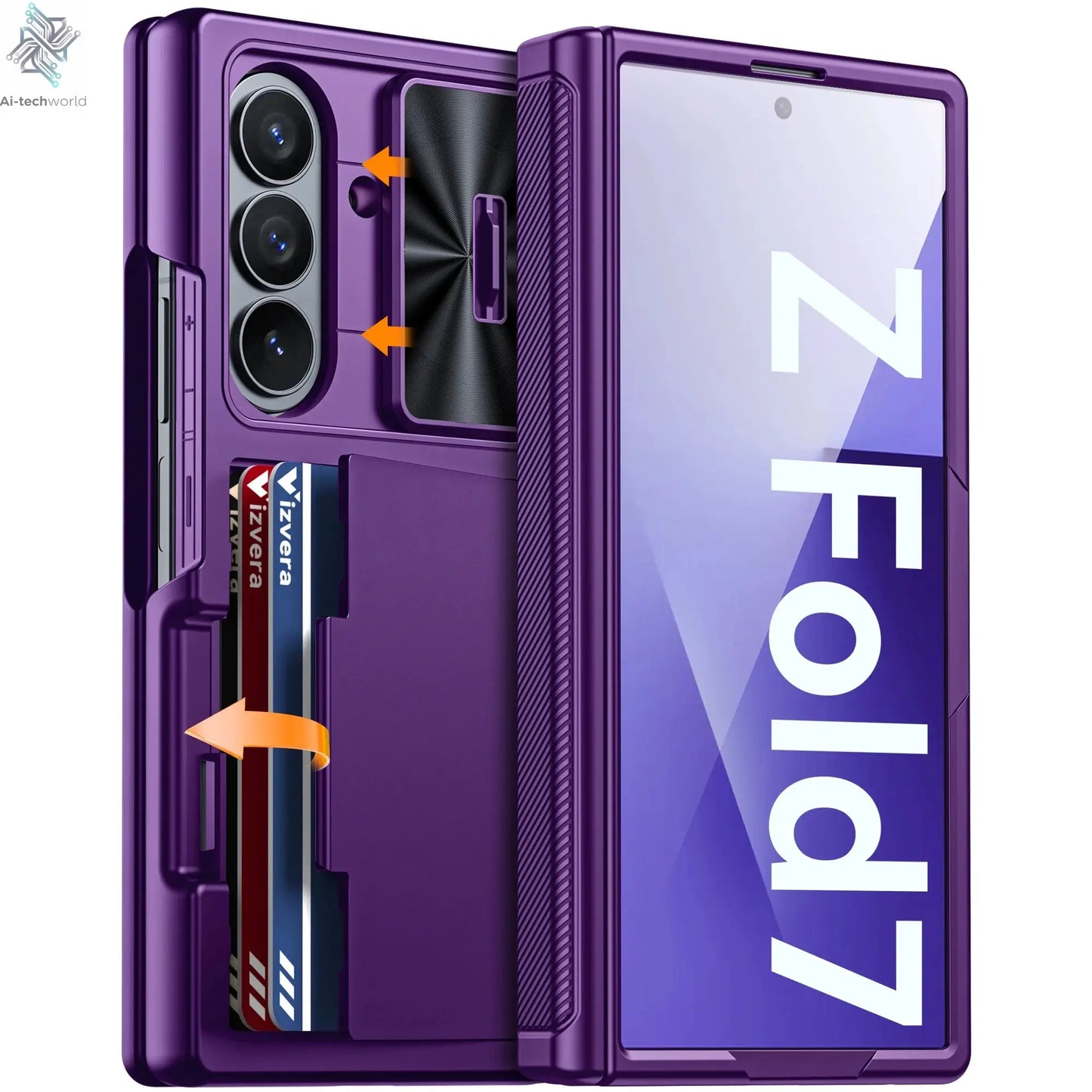 Halloween Gifts for Galaxy Z Fold 7 RFID Wallet with Cards Holder,Hinge Cover,Camera Cover,Shockproof Silicone Phone Case-Blue Ai-TechWorld 