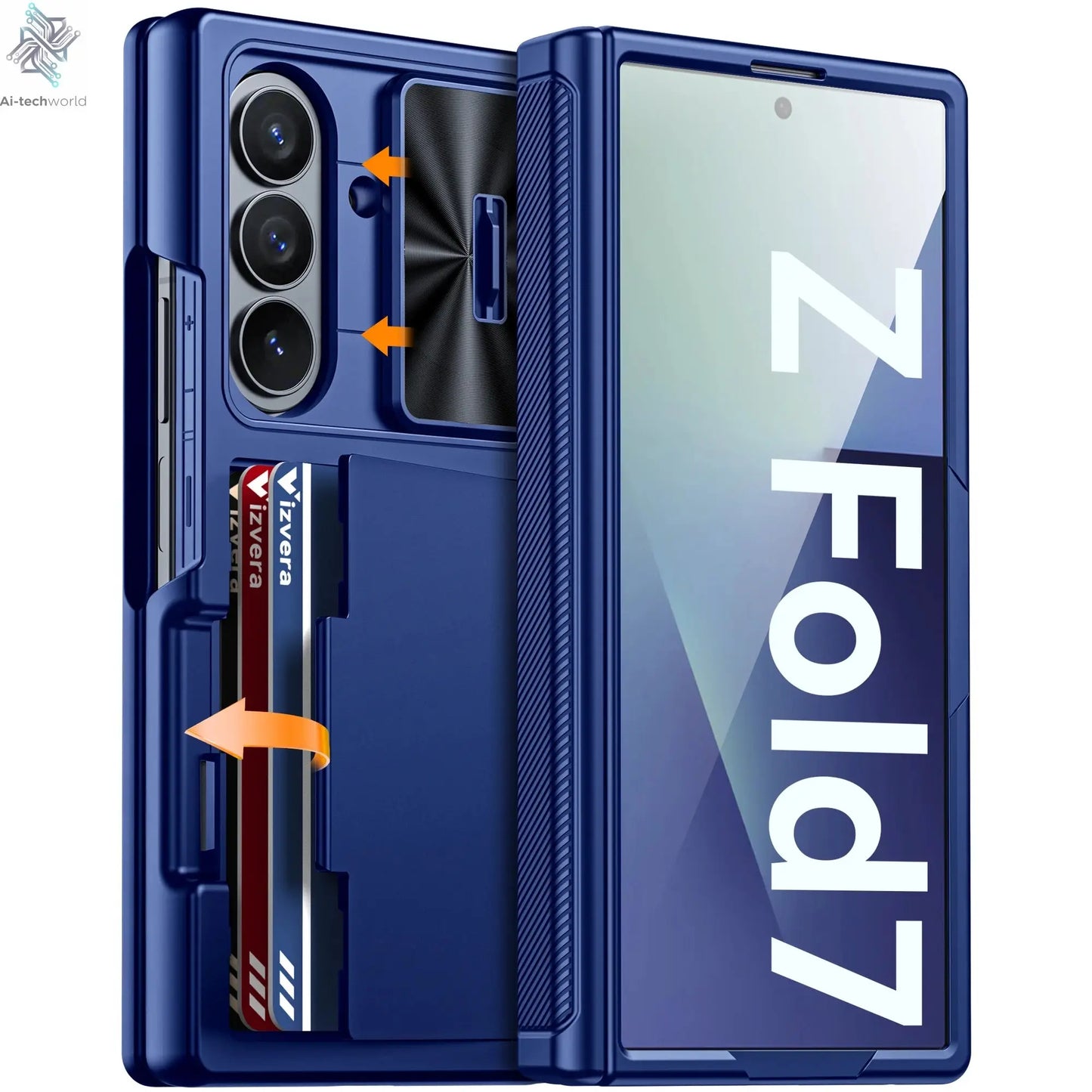 Halloween Gifts for Galaxy Z Fold 7 RFID Wallet with Cards Holder,Hinge Cover,Camera Cover,Shockproof Silicone Phone Case-Blue Ai-TechWorld 