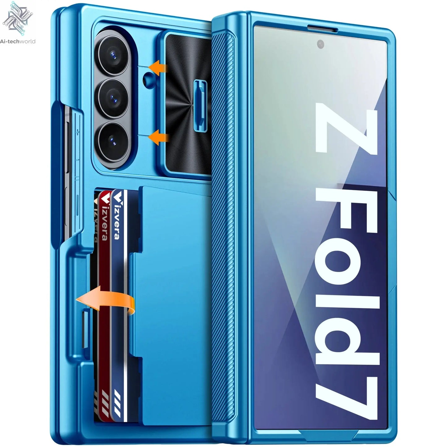 Halloween Gifts for Galaxy Z Fold 7 RFID Wallet with Cards Holder,Hinge Cover,Camera Cover,Shockproof Silicone Phone Case-Blue Ai-TechWorld 