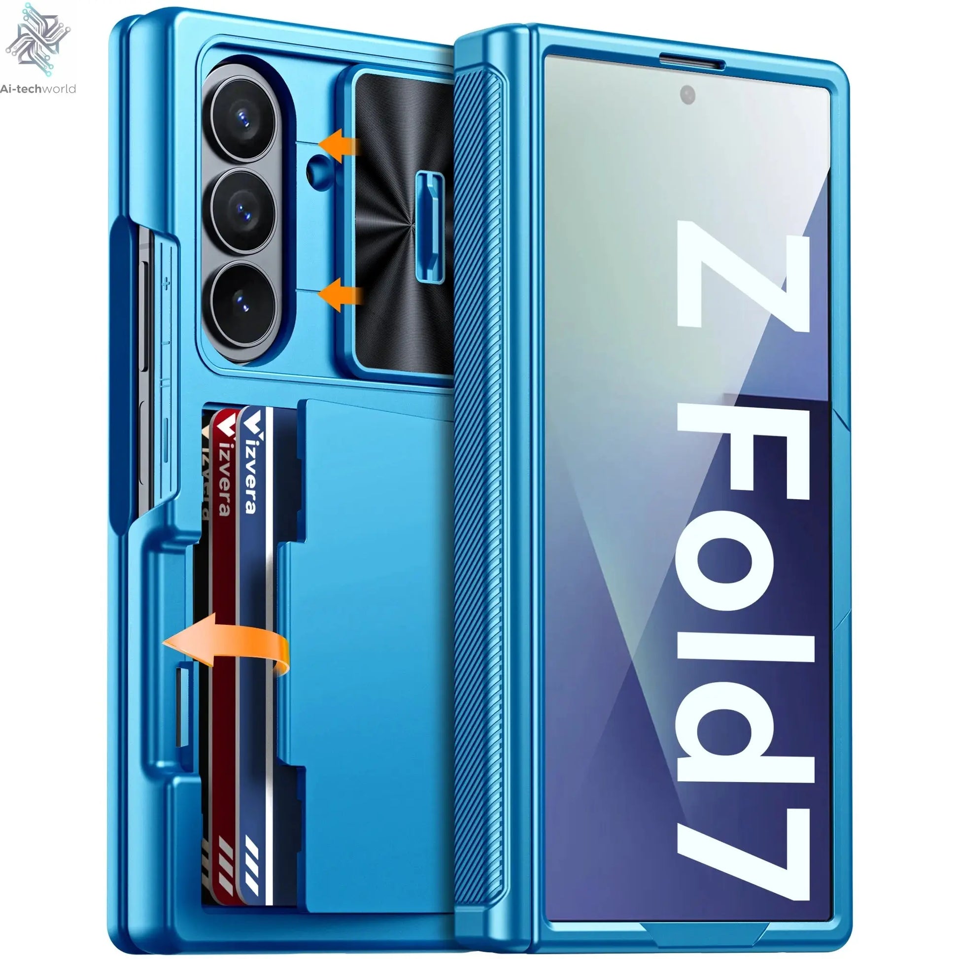 Halloween Gifts for Galaxy Z Fold 7 RFID Wallet with Cards Holder,Hinge Cover,Camera Cover,Shockproof Silicone Phone Case-Blue Ai-TechWorld 