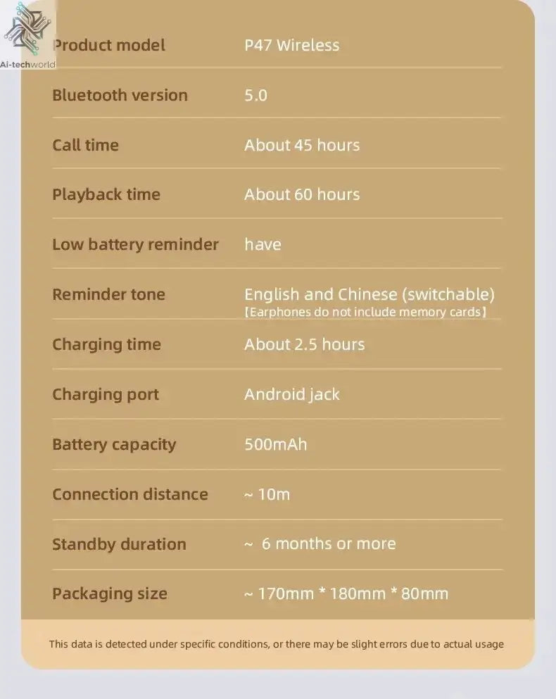 Handsfree Wireless Headphones Noise Canceling Headphone Earphone P47 headset Bluetooth Head Phone for iPhone Huawei Samsung S22 Ai-TechWorld 