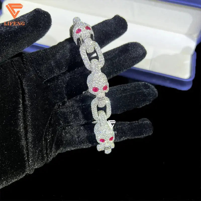 Pass Diamond Tester Full Iced Out  S925 Sterling  Silver 13MM Red Eyes Moissanite Skull Bracelet for Men Cuban Bracelet Ai-TechWorld 