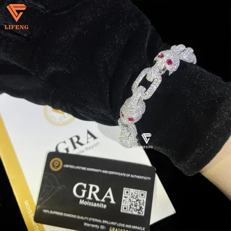 Pass Diamond Tester Full Iced Out  S925 Sterling  Silver 13MM Red Eyes Moissanite Skull Bracelet for Men Cuban Bracelet Ai-TechWorld 