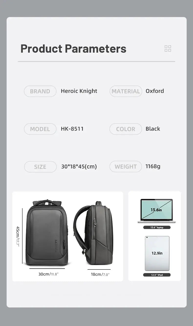 Heroic Knight Multifunctional Men's Backpack 15.6" Laptop Backpack Waterproof Large Capacity Work Travel Backpack with USB Port - Ai - TechWorld