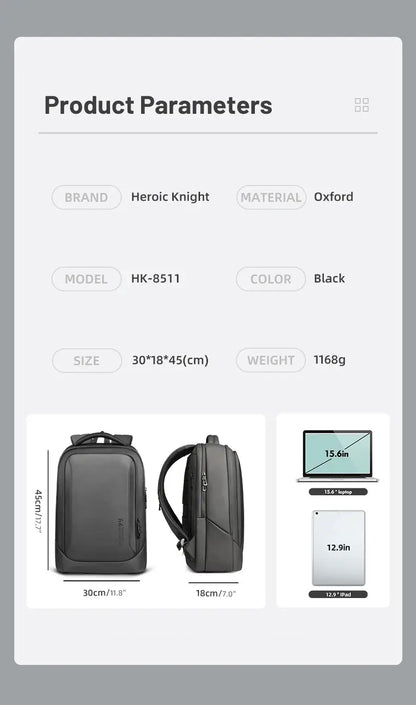 Heroic Knight Multifunctional Men's Backpack 15.6" Laptop Backpack Waterproof Large Capacity Work Travel Backpack with USB Port - Ai - TechWorld