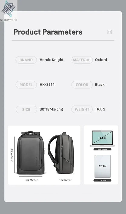 Heroic Knight Multifunctional Men's Backpack 15.6" Laptop Backpack Waterproof Large Capacity Work Travel Backpack with USB Port Ai-TechWorld