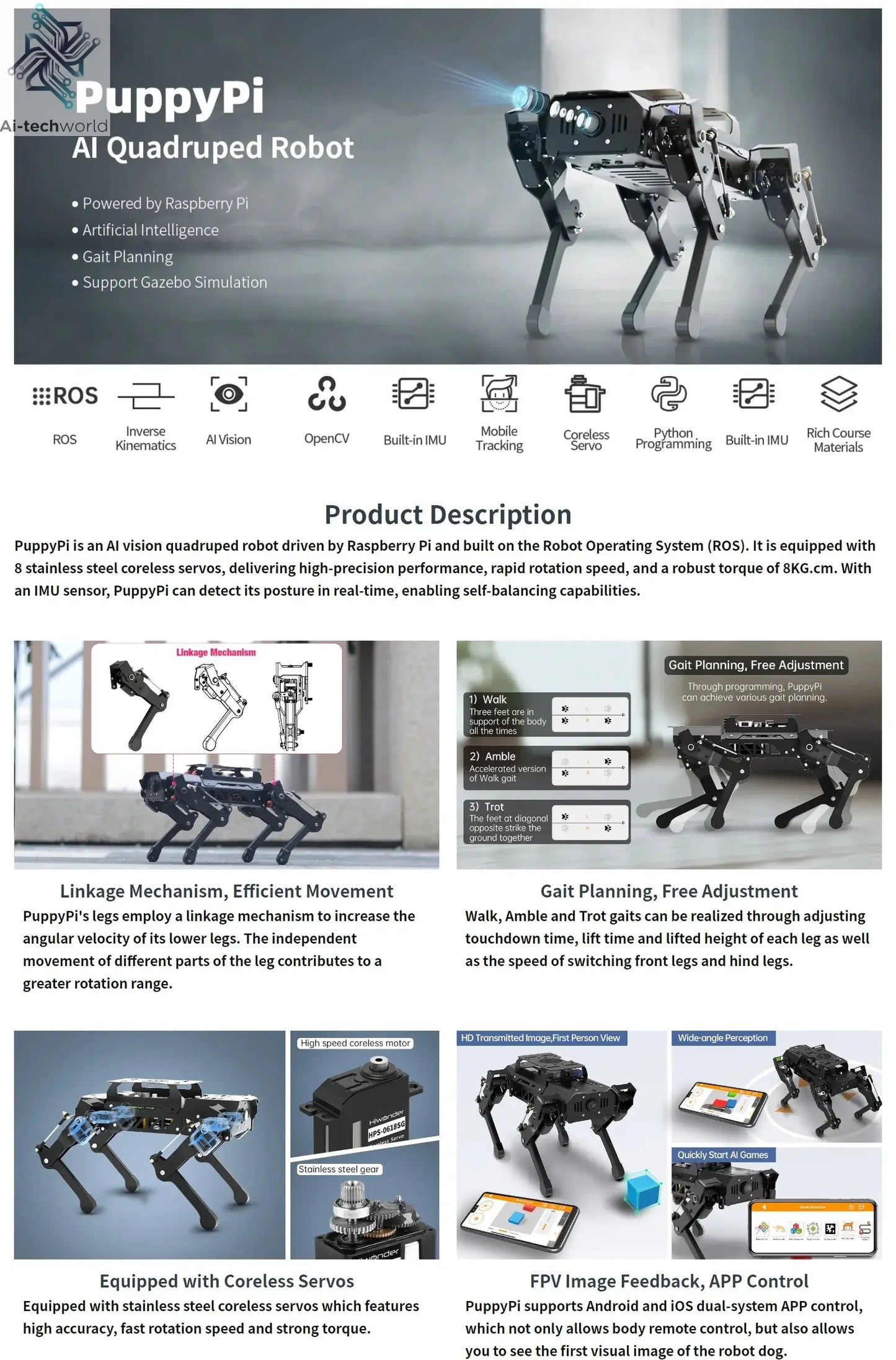 Hiwonder PuppyPi ROS quadruped robot dog, bionics, intelligent programming, AI visual recognition Ai-TechWorld 