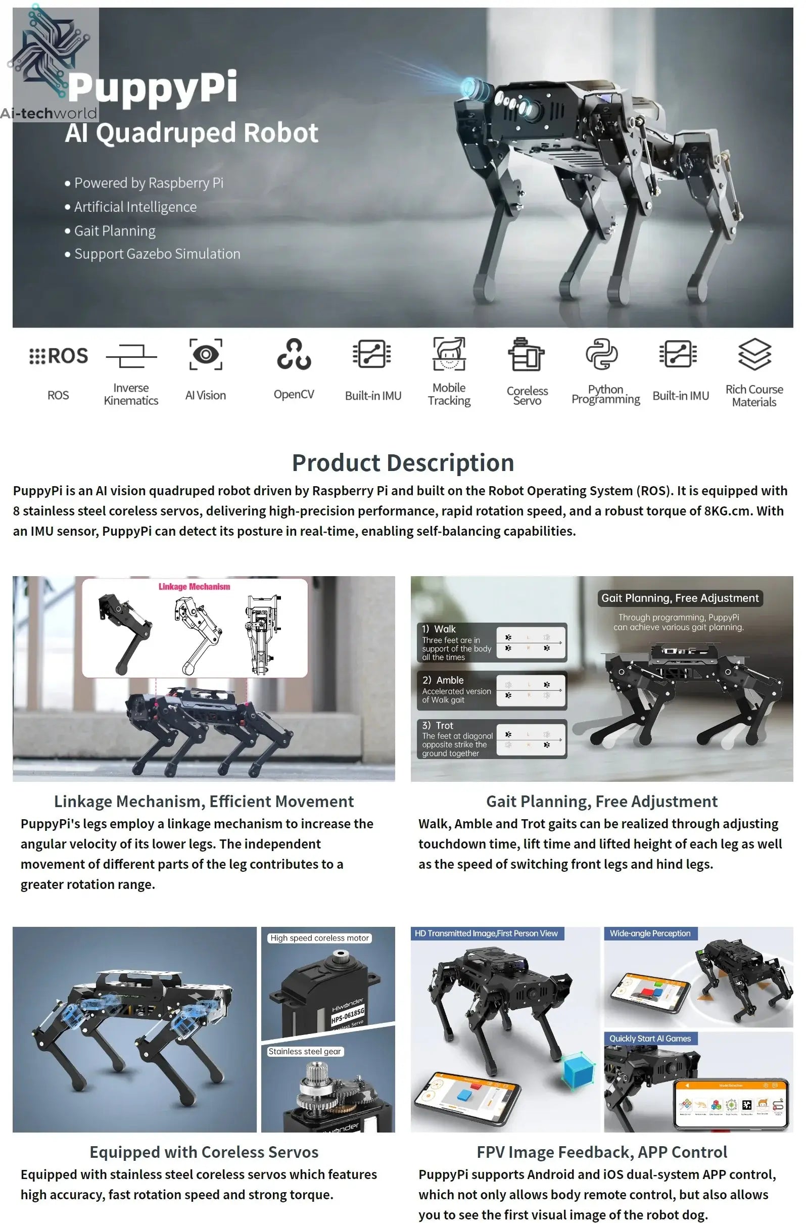 Hiwonder PuppyPi ROS quadruped robot dog, bionics, intelligent programming, AI visual recognition Ai-TechWorld 