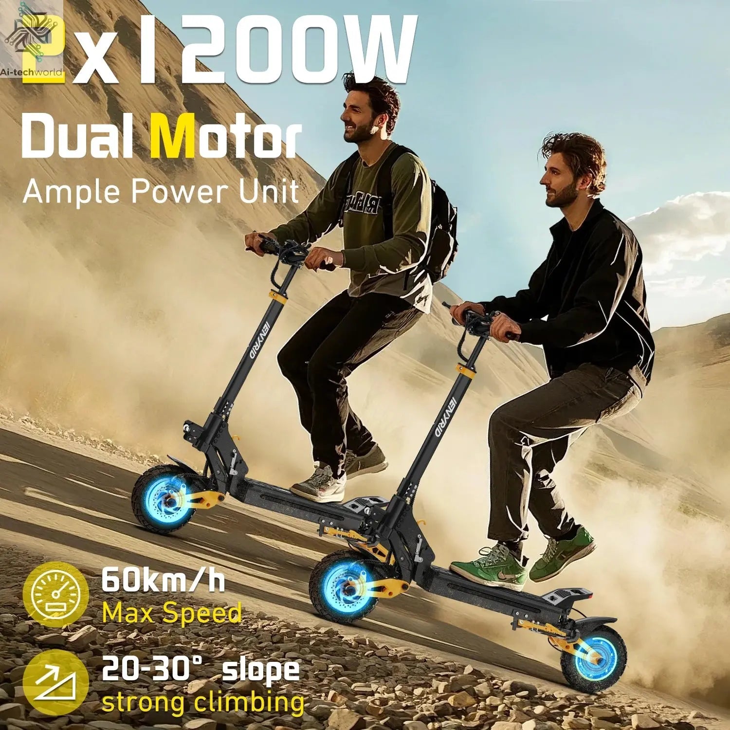 IENYRID ES1 Electric Scooter Foldable 2400W Dual Motor 48V20.8Ah Lithium Battery E-Scooter 10-inch Tires Adult City E-Scooter Ai-TechWorld 