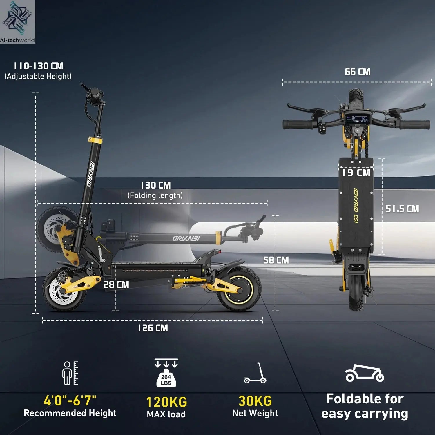 IENYRID ES1 Electric Scooter Foldable 2400W Dual Motor 48V20.8Ah Lithium Battery E-Scooter 10-inch Tires Adult City E-Scooter Ai-TechWorld 